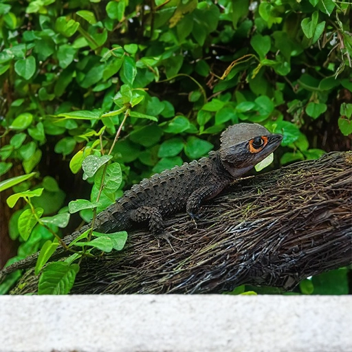 c'est l'image d'un lezard de couleur noir, exotique qui est sur une branche d'arbre. exemple d'animal de compagnie